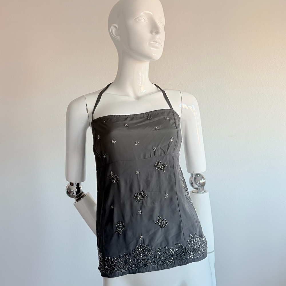 Free People Beaded Grey Backless Halter Top NWTG